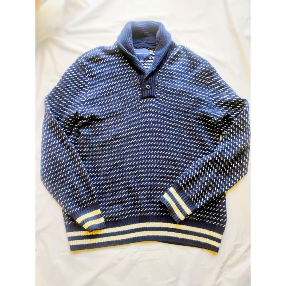 Mens American Eagle Blue White Design Cowl Neck, Striped Long Sleeve Sweater - L